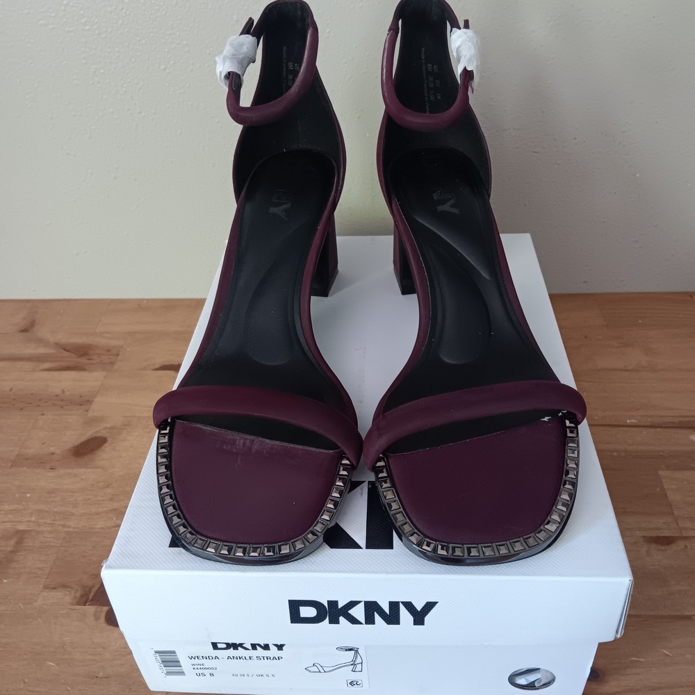 DKNY Wenda Ankle Strap Sandals Womens 8 Wine Block Heel Studded Toe NWB - Picture 2 of 10